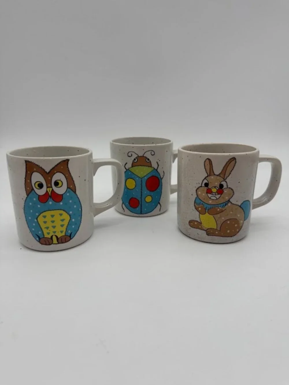 Vintage 1970s Speckled Stoneware Mug Set of 3 Owl Ladybug Bunny Retro Kitsch